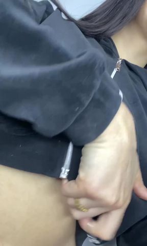 Curvy solo girl rubs her pussy and tugs her big tits while getting