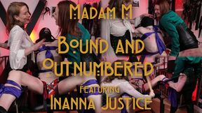Bound And Outnumbered, Restrained in a gyno chair, a helpless submissive endurees Double Domme domination, bastinado, foot punishment, bondage, impact play, psychological domination, and relentless torment under the strict Female Authority and contr