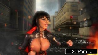 MILF Supergirl Cosplayer z ogromnymi cyckami robi długą laskę i połyka spermę