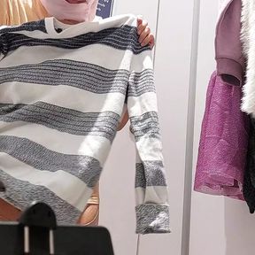 Sexy brunette tries on clothes in fitting room. I&#039;m looking at a hairy mom, hairy pussy, big tits, big ass.