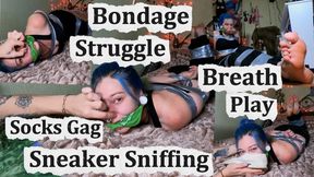Bondage Struggle Breath Play With Socks Gag And Sneaker Sniffing