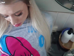 Spread your cooter wideopen, now! Fucked hard on the kitchen counter, doggy-style with jizz on tits.