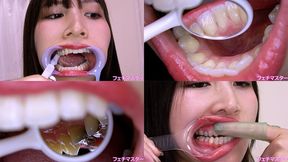 Sayaka Nanjo - Observing Sayaka's teeth with a dental mirror & brushing her teeth while wearing a mouth opener & finger toothbrushing while wearing a lip hook