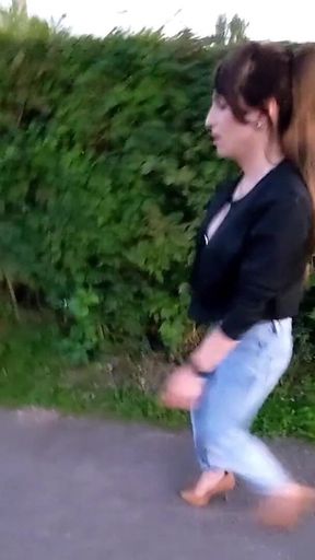 Outdoor Wetting! Tranny Girl Is Walking Through the City with Piss-filled Jeans!