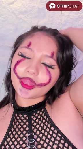 Sexy brunette Avy Milton gives a sloppy blowjob while dressed up in