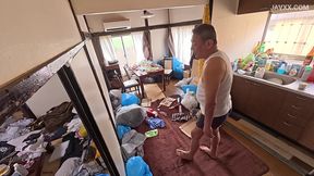 Dirty grandpa in a junk-filled room can't stop filling college volunteer Perfume Jun with