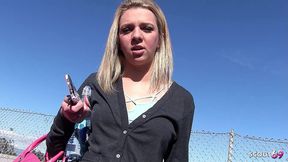 sweet blonde girl with overknee socks pick up and talk to fuck and facial by older guy