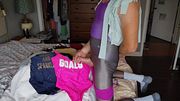Cure Femboy flexes ass in the sun tearing pantyhose leggings. SWIMSUIT CUM