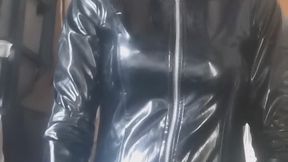 Smoking wearing pvc jacket and mask