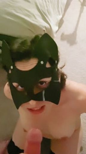 Slutty submissive girl in handcuffs gets her face fucked until I explode with cum