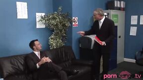 ”Busty beauties in office fourway with old guy”