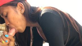 ”Petite amateur Thai teen nympho Cherry sucking a big dick at the beach”