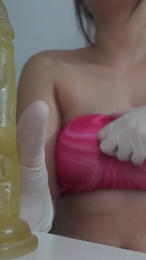 My Indian Stepsister Circumcises and Threads a Dildo in White Medical Gloves Then Plays with the Dildo and Finally Masturbates