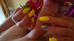 The stepmother played with strawberries with the stepson's penis and was filled with cum