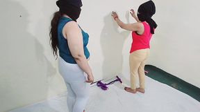 big boobs indian bbw aunty shows her big ass in tight trouser during hot excercise, fitness series- netu and hubby