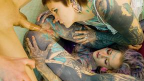 ”2 Heavy Tattoo Girls Get Booty Screwed By A Huge Cock”
