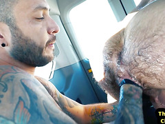 Rimjob jock fists hairy asshole of tattooed gaydaddy in van