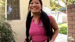 Sweet Asian babe enjoys a cock in her freshly shaved pussy