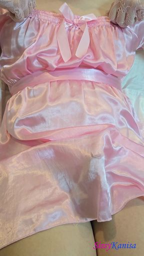 Sissy Kanisa Jerking off with Pink Satin Dress and Lace Glove