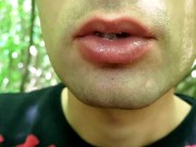 Close up playing with cum on lips - Blowing cum bubbles and swallowing all that cum