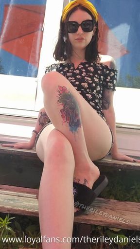 Riley JOI in sundress with outdoor exhibition tease