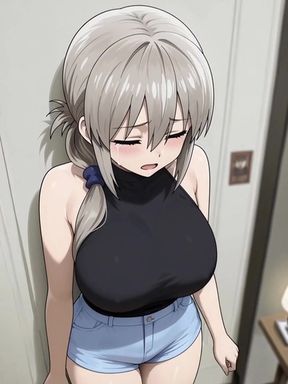 Curvy anime girl with big tits plays with her tits