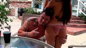 Two skanky bitches play poker outdoors being fully naked