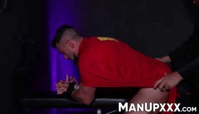 Brad Connors mercilessly bare fucks Baxter James for powerful cumshot