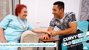 ”Buxxom old woman having kinky sex with a muscled stud”