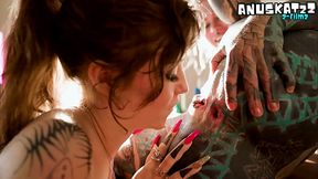 Tattooed goth lesbian plays with her asshole and pussy