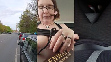 Nerdy Berlin BBW flashes her big natural tits in the back seat