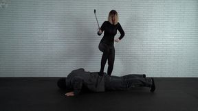 Femdom domination at a BDSM fitness club over Mister Bob, the instructor experiences orgasms in a vacuum bed
