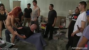 Redhead gets double penetrated in public, bondage and domination
