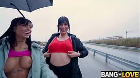 Mom and petite babe ride Emilio's huge pole in outdoor threesome
