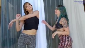 hairy teen lesbians share a huge dildo at the same time