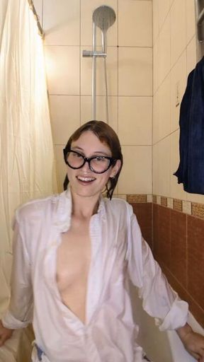 Wet shower dance, getting wet dancing in my white school shirt