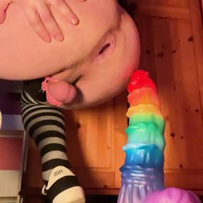 Chastity femboy Raine riding on XXXL MEPHISTO Dildo (FULL VIDEO)