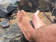 Rod in hand skinny dipping in the lake cheeky day with my feet - Manlyfoot Roadtrip - Sock sniffing