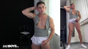 Muscular Twink 18+ Flexes His Bulging Biceps with Hard-On