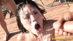 Petite Asian babe gets bukkaked and drenched in cum