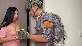 Latina girl getting seduced by a random soldier and fucked in her mouh and pussy