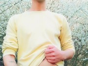 Spring jerking backyard - Fat dick , 2 cumshots and own cum licking