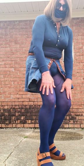 Crossdress outdoors, feeling myself all over in nylon pantyhose and  miniskirt.   Clip 2