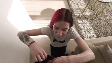 Red-haired college teen rented apartment gets face fucked raw cum shot