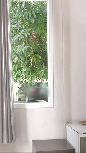 Asian couple outdoor public fuck while open door &amp; windows to show motel guest &amp; maid   Clip 1