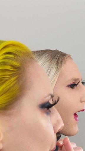 Crossdresser and Woman Putting on Lipliner and Lipstick   Clip 1