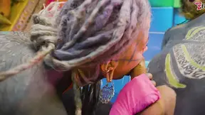 Heavily tattooed, slimy blonde gives sloppy blowjob then ass-to-mouth