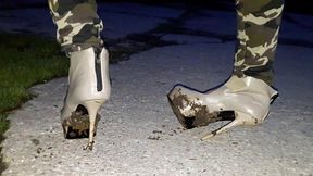 Muddy and wet italian high heels, high heels stuck, wrecked shoes, ruined high heels, high heels stuck in mud