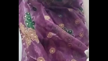Indian Gay Crossdresser Bottom Gaurisissy pressing and playing with her big boobs in purple saree with heavy jwellery