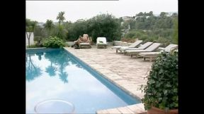 Two Hot Busty MILFs Ass Fucked and Cummed in Mouth by Huge Cock by the Pool